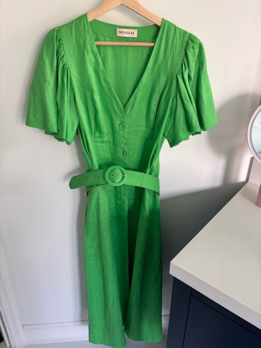 NICHOLAS Bright Green V-Neck Belted Midi Dress